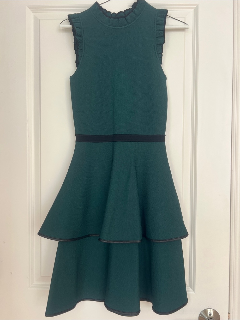 Parker A-Line Dark Green Ruffle Tiered Dress Leather piping XS
